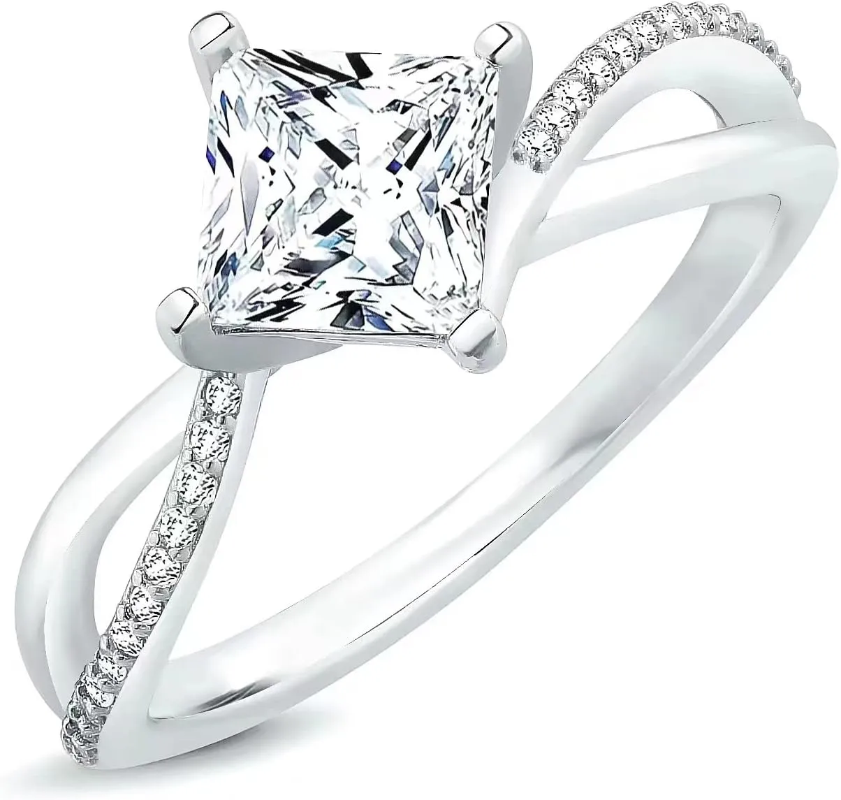 1.65 Carat (ctw) Princess Cut Moissanite Engagement Rings for Women 925 Sterling Silver Ring Women's Platinum Plated Silver Ring Twisting Moissanite Rings for Women Twisted Wedding Band
