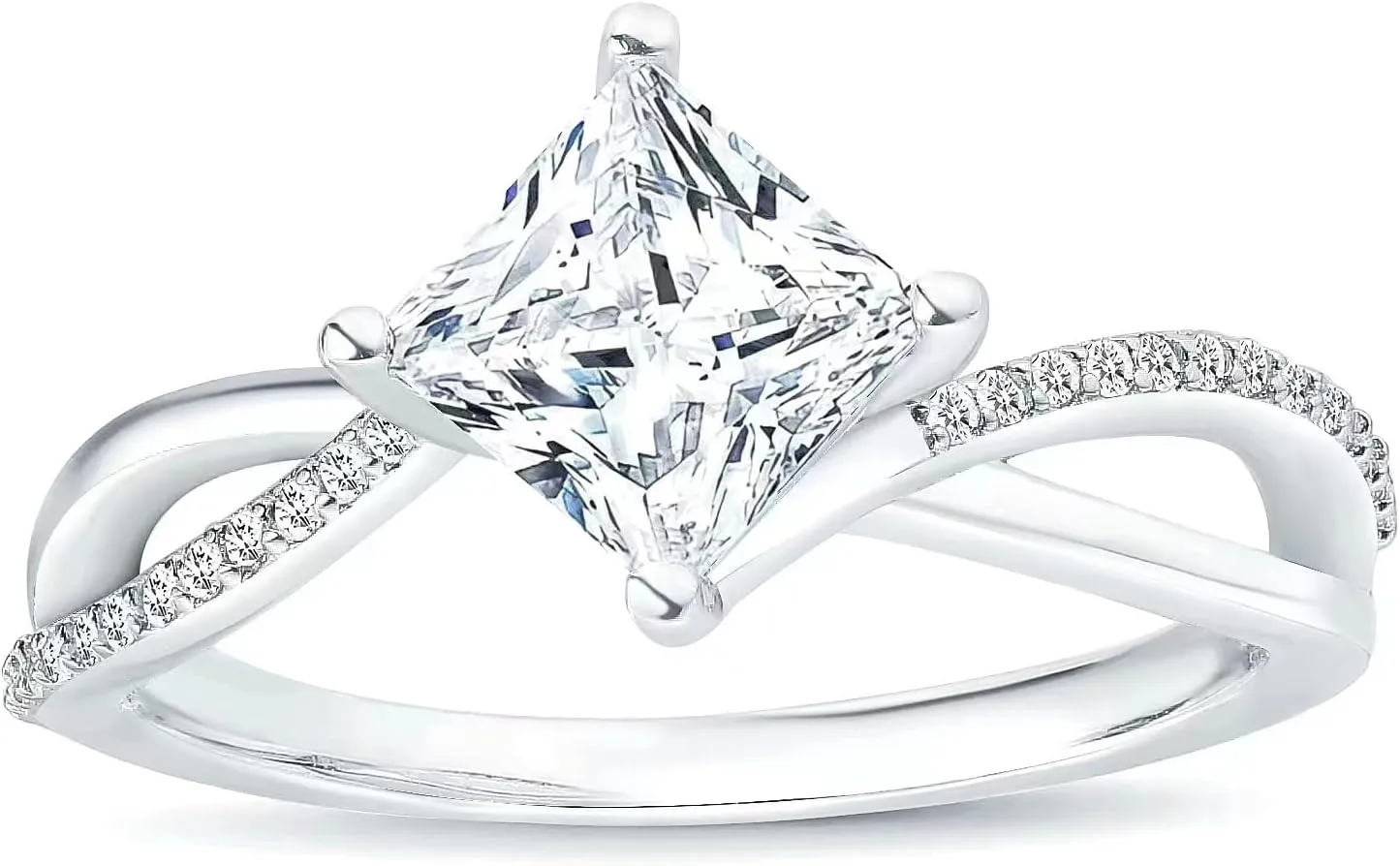 1.65 Carat (ctw) Princess Cut Moissanite Engagement Rings for Women 925 Sterling Silver Ring Women's Platinum Plated Silver Ring Twisting Moissanite Rings for Women Twisted Wedding Band