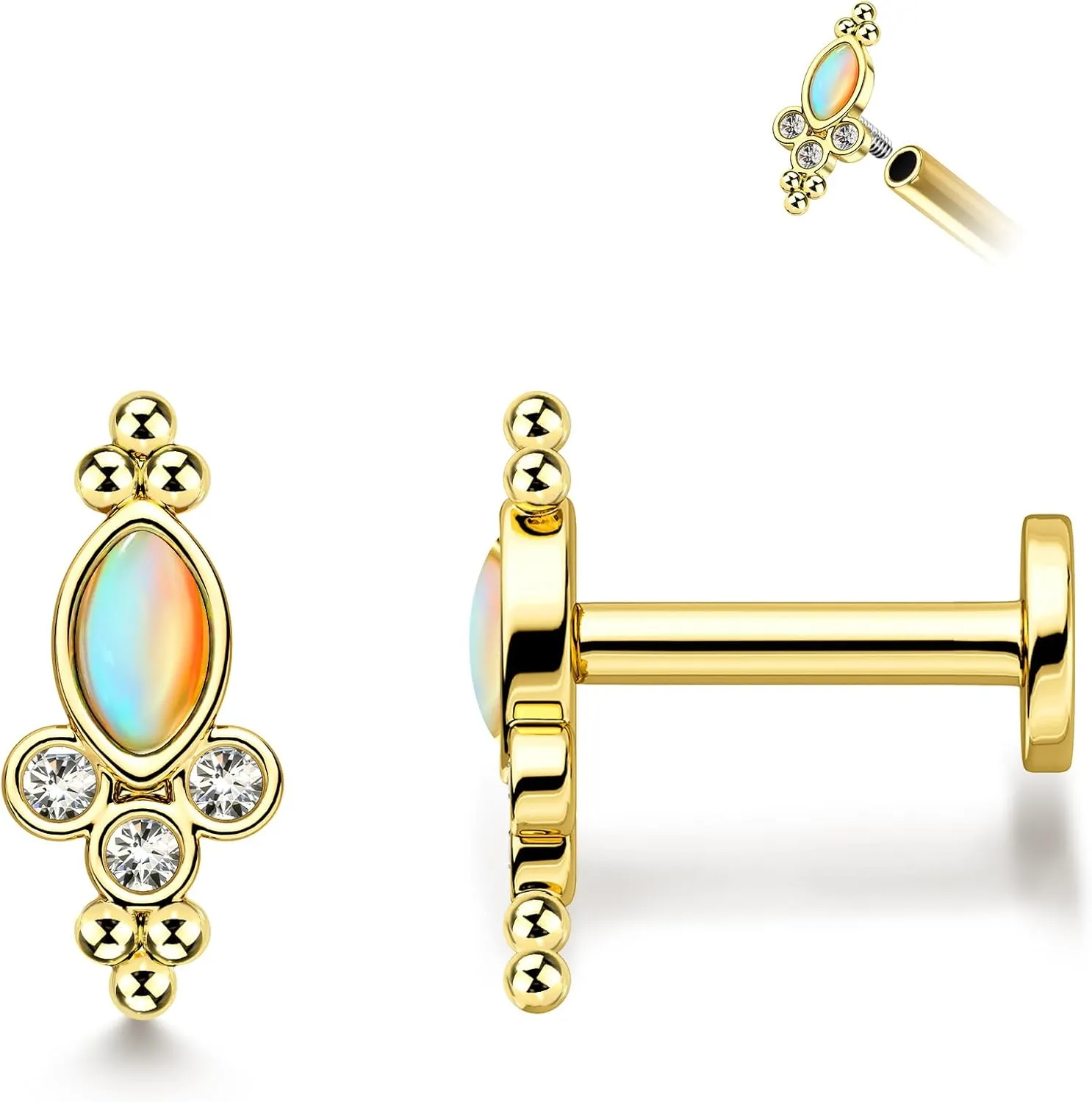 16g Gold Plated Flat Back Earrings for Tragus/Cartilage/Helix/Conch/Medusa/Lip/Labret - Internally Thread Earring for Women Men