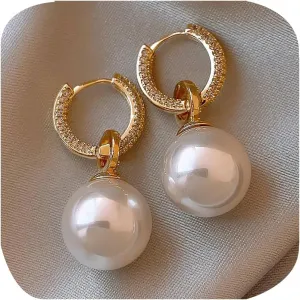 16mm Big Simulated Pearl Earrings for Women 14k Gold Plated Oversized Classic Faux Round Large Ear Studs Hypoallergenic Ears 5A Cubic Zirconia Drop Dangle Earrings