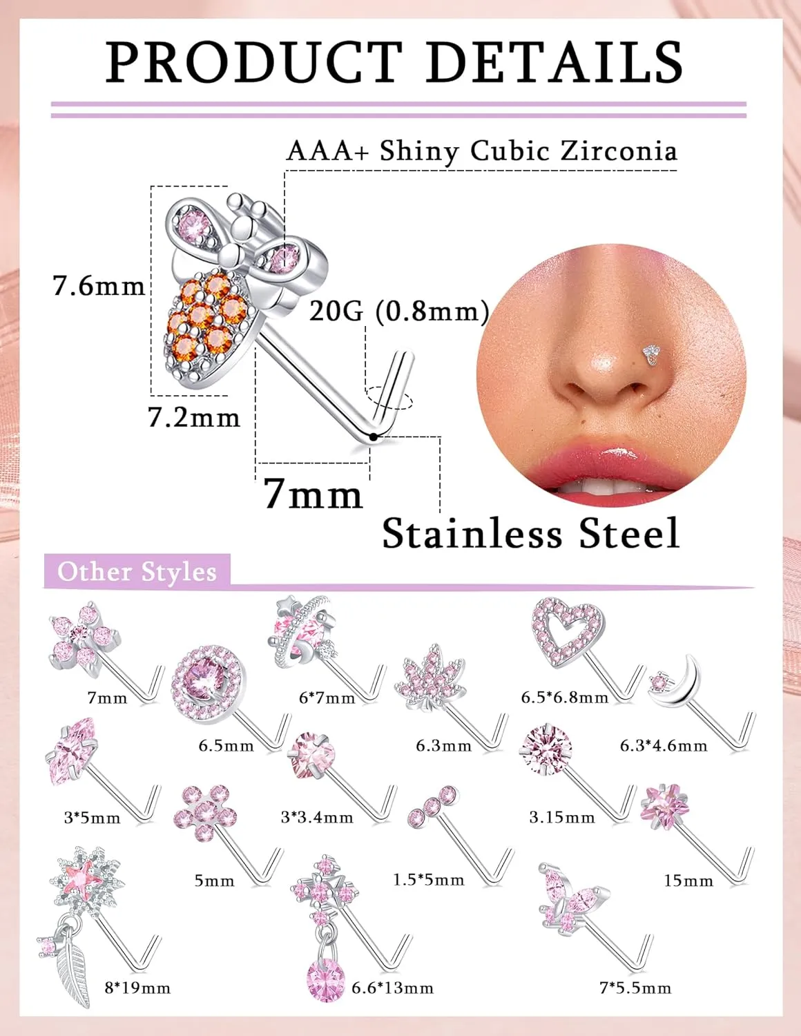 16Pcs 20G Nose Rings Studs Stainless Steel L Shaped Nose Stud CZ Butterfly Planet Star Leaf Bee Moon Heart Flower Dangle Piercing Jewelry for Women Men Pink/White/Blue/Clear
