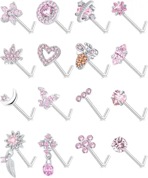 16Pcs 20G Nose Rings Studs Stainless Steel L Shaped Nose Stud CZ Butterfly Planet Star Leaf Bee Moon Heart Flower Dangle Piercing Jewelry for Women Men Pink/White/Blue/Clear