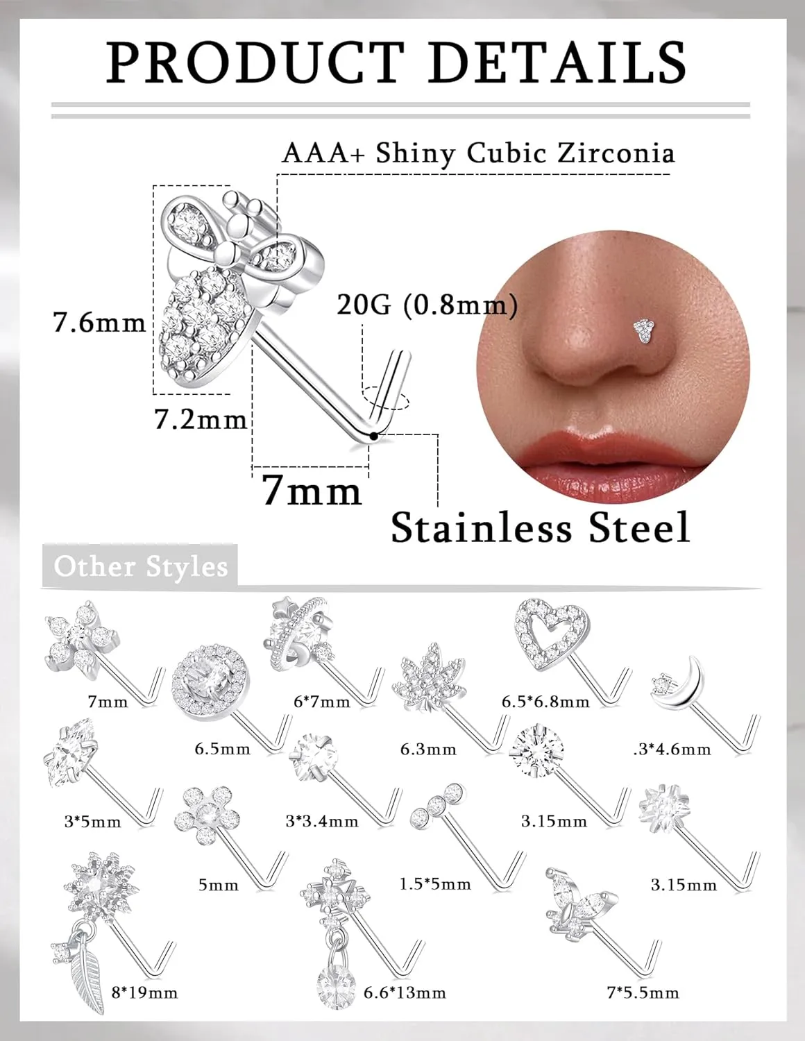 16Pcs 20G Nose Rings Studs Stainless Steel L Shaped Nose Stud CZ Butterfly Planet Star Leaf Bee Moon Heart Flower Dangle Piercing Jewelry for Women Men Pink/White/Blue/Clear