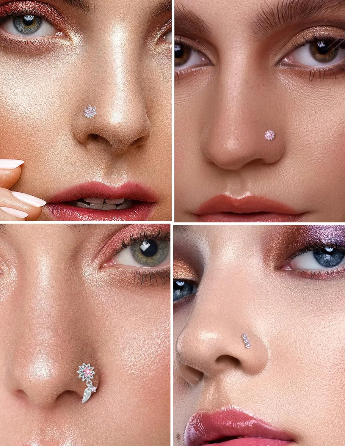 16Pcs 20G Nose Rings Studs Stainless Steel L Shaped Nose Stud CZ Butterfly Planet Star Leaf Bee Moon Heart Flower Dangle Piercing Jewelry for Women Men Pink/White/Blue/Clear