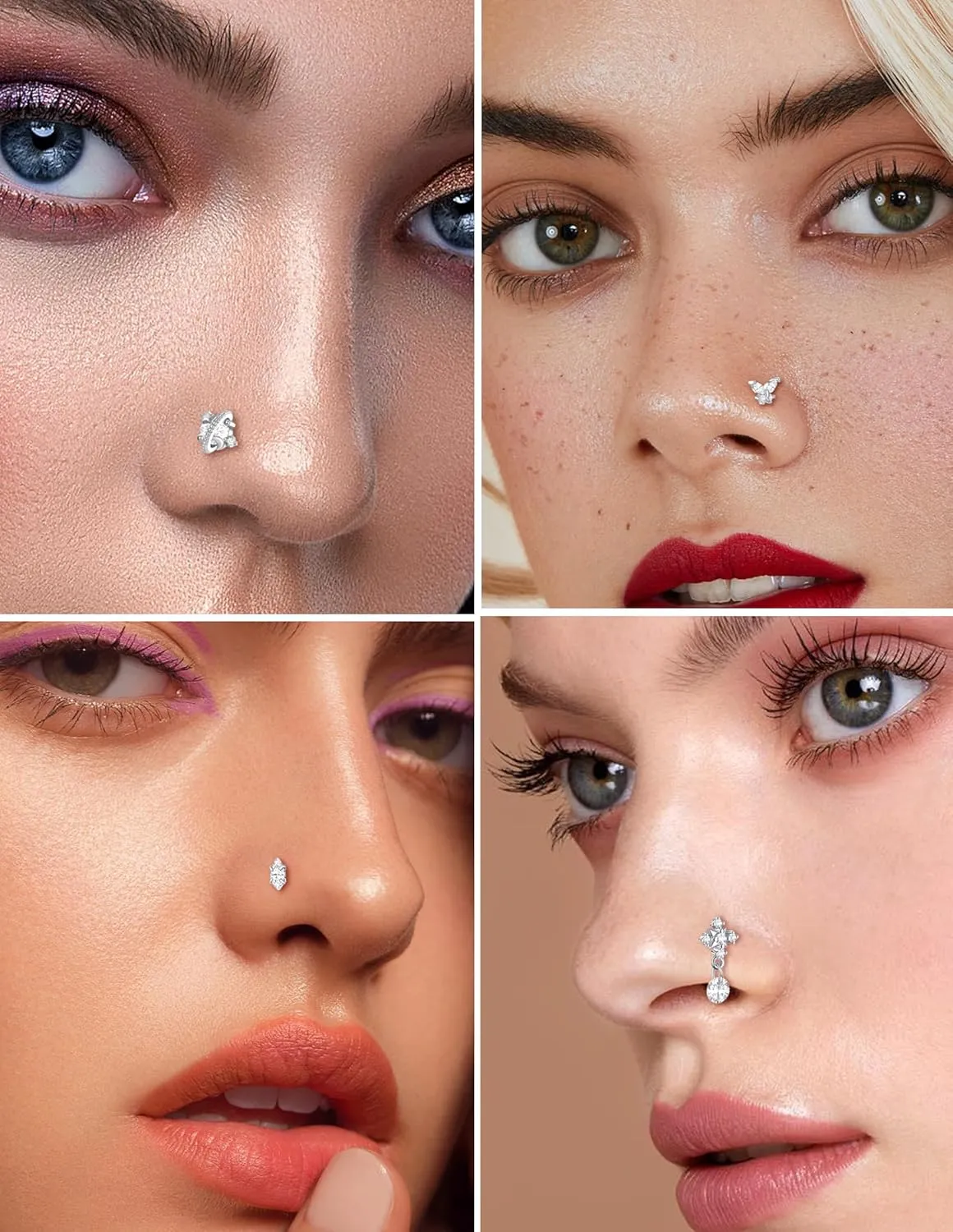 16Pcs 20G Nose Rings Studs Stainless Steel L Shaped Nose Stud CZ Butterfly Planet Star Leaf Bee Moon Heart Flower Dangle Piercing Jewelry for Women Men Pink/White/Blue/Clear