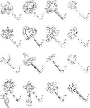 16Pcs 20G Nose Rings Studs Stainless Steel L Shaped Nose Stud CZ Butterfly Planet Star Leaf Bee Moon Heart Flower Dangle Piercing Jewelry for Women Men Pink/White/Blue/Clear