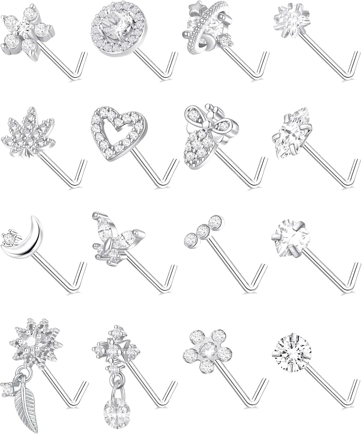 16Pcs 20G Nose Rings Studs Stainless Steel L Shaped Nose Stud CZ Butterfly Planet Star Leaf Bee Moon Heart Flower Dangle Piercing Jewelry for Women Men Pink/White/Blue/Clear