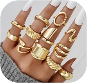 17 MILE 12 PCS Chunky Gold Stackable Rings for Women Non Tarnish, 18K Gold Plated Statement Open Stacking Rings, Knuckle Band Ring Set