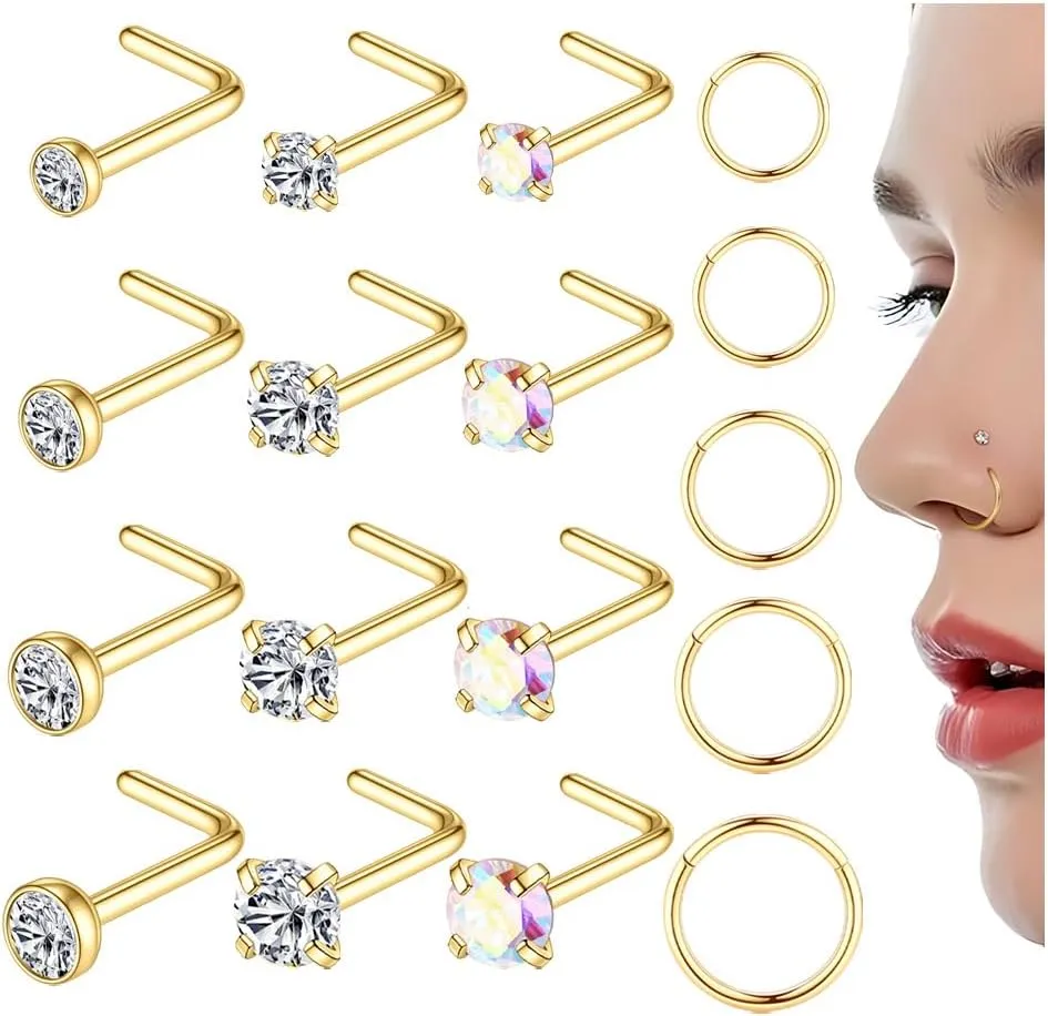 17Pcs 14K Gold Plated Nose Ring Studs 316L Surgical Steel Gold Nose Studs for Women Men 20G L Shaped CZ Nose Rings Stud 16G Nose Rings Hoops Set Hypoallergenic Nose/Body Piercing Jewelry