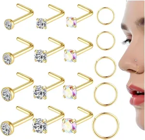17Pcs 14K Gold Plated Nose Ring Studs 316L Surgical Steel Gold Nose Studs for Women Men 20G L Shaped CZ Nose Rings Stud 16G Nose Rings Hoops Set Hypoallergenic Nose/Body Piercing Jewelry