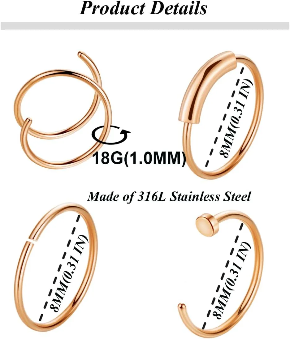 18 Pcs 18G 20G 22G Surgical Steel Nose Rings Hoop for Women Men Nose Studs Double Nose Ring Set Nostril Piercing Jewelry
