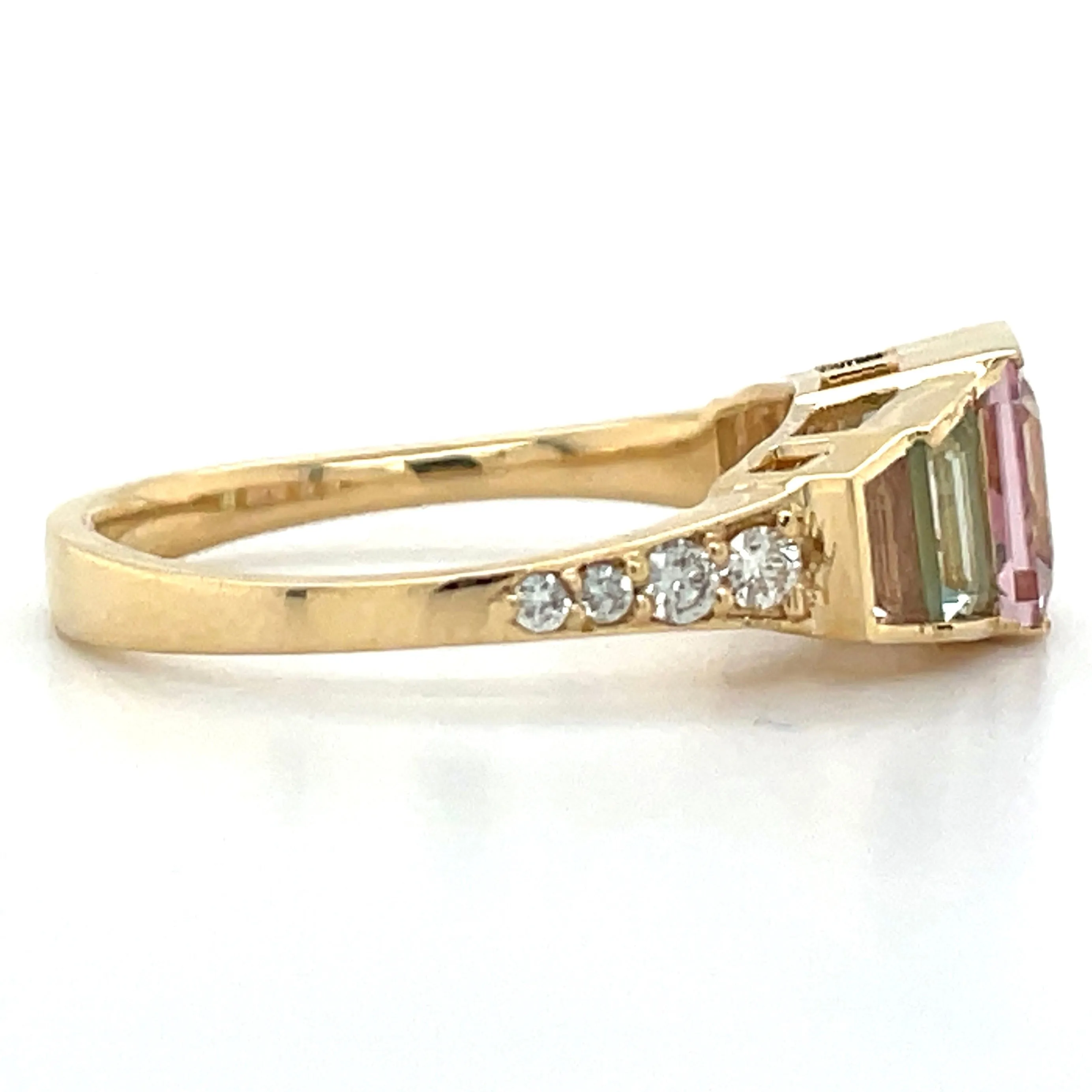 18ct Yellow Gold Earth Grown Mint Pink Tourmaline, Mint Green Tourmaline & Diamond Ring
