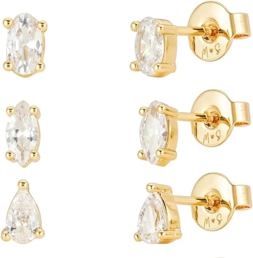 18k Diamond Zircon Stud Earring Set of 3-18k Gold Plated, Sterling Silver, Minimalist, Stacking Earrings, Zircon, Stud Earrings Set for Women Hypoallergenic Premium Cubic Zirconia Studs