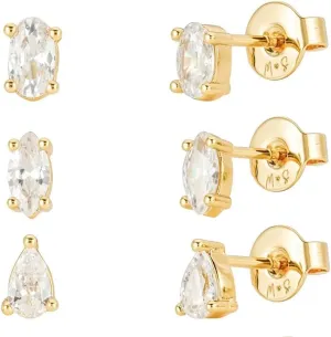 18k Diamond Zircon Stud Earring Set of 3-18k Gold Plated, Sterling Silver, Minimalist, Stacking Earrings, Zircon, Stud Earrings Set for Women Hypoallergenic Premium Cubic Zirconia Studs