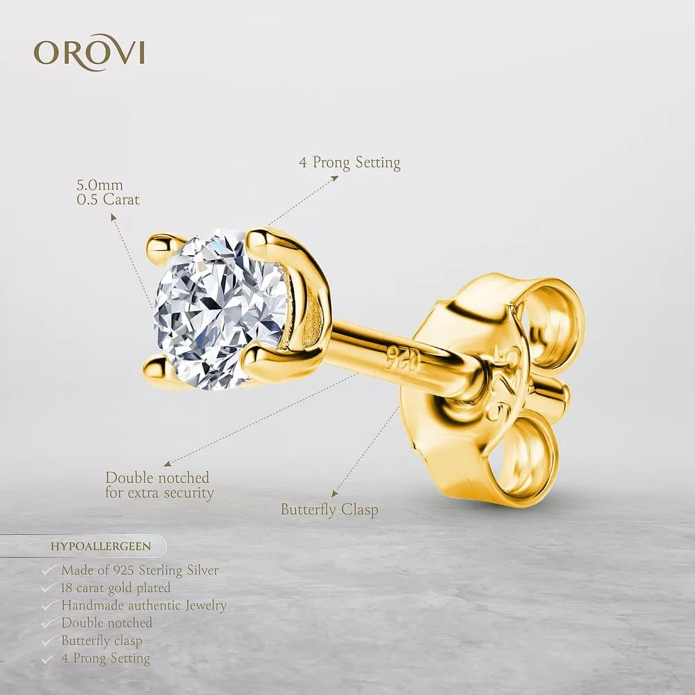 18K Gold Plated/ 925 Sterling Silver Earrings for Women Moissanite Lab Diamonds 1.00ct 4-Prong Studs Hypoallergenic Earrings for Men/Women, Ear Piercing Woman's Jewelry Delivered in Jewelry Box