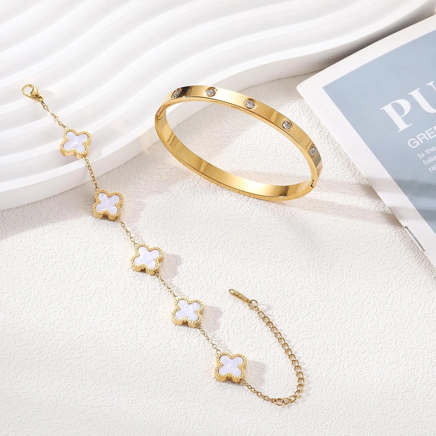 18K Gold Plated Clover Bracelet Love bangle Set for Women Stack Cute Fashion Simple Friendship Bracelet Lucky Link Bracelets Jewelry Gifts Trendy for Women