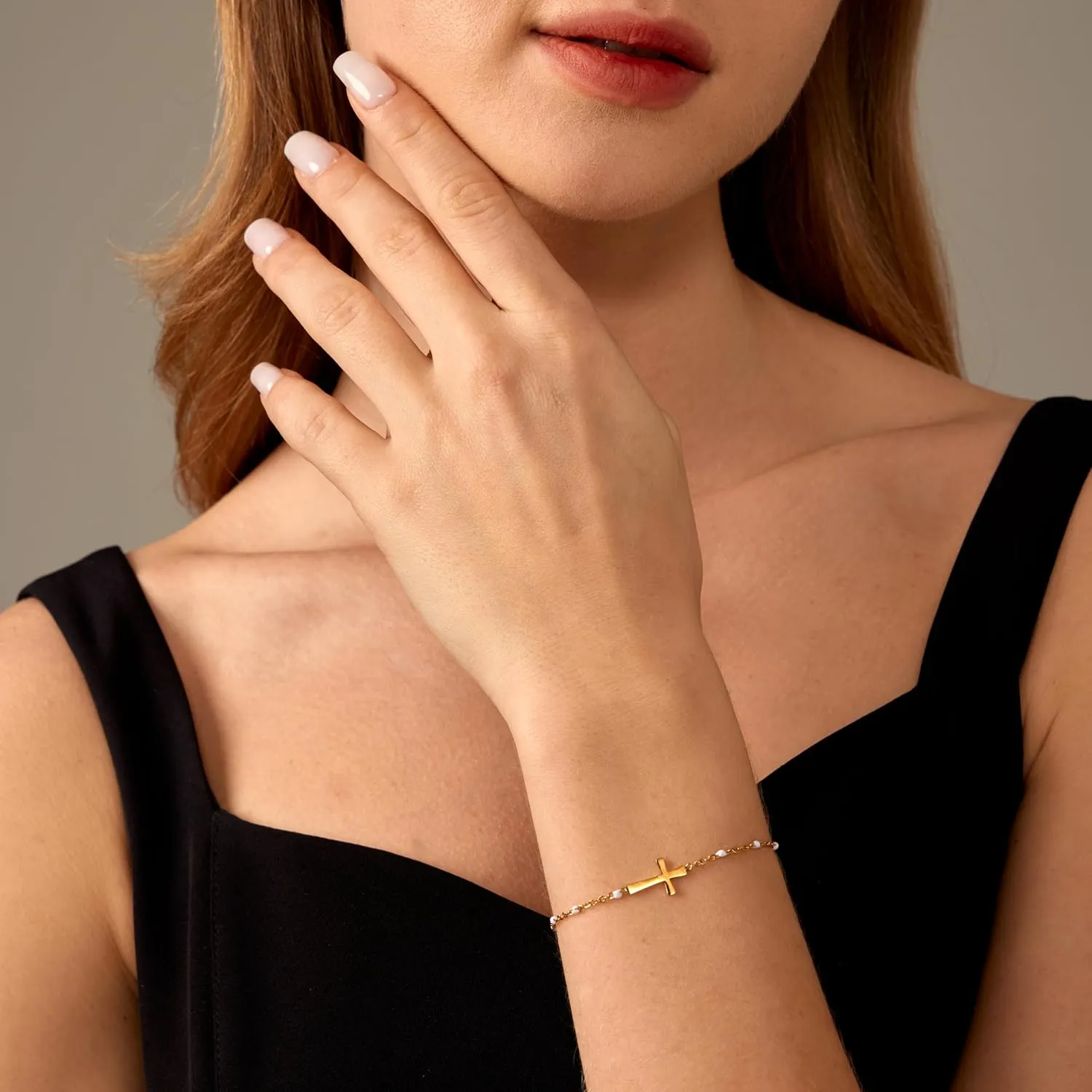 18K Gold Plated Cross Bracelet for Women Dainty Gold Bead Cross Bracelet Adjustable Simple Link Chain Bracelets Faith Confirmation Jewelry Gifts