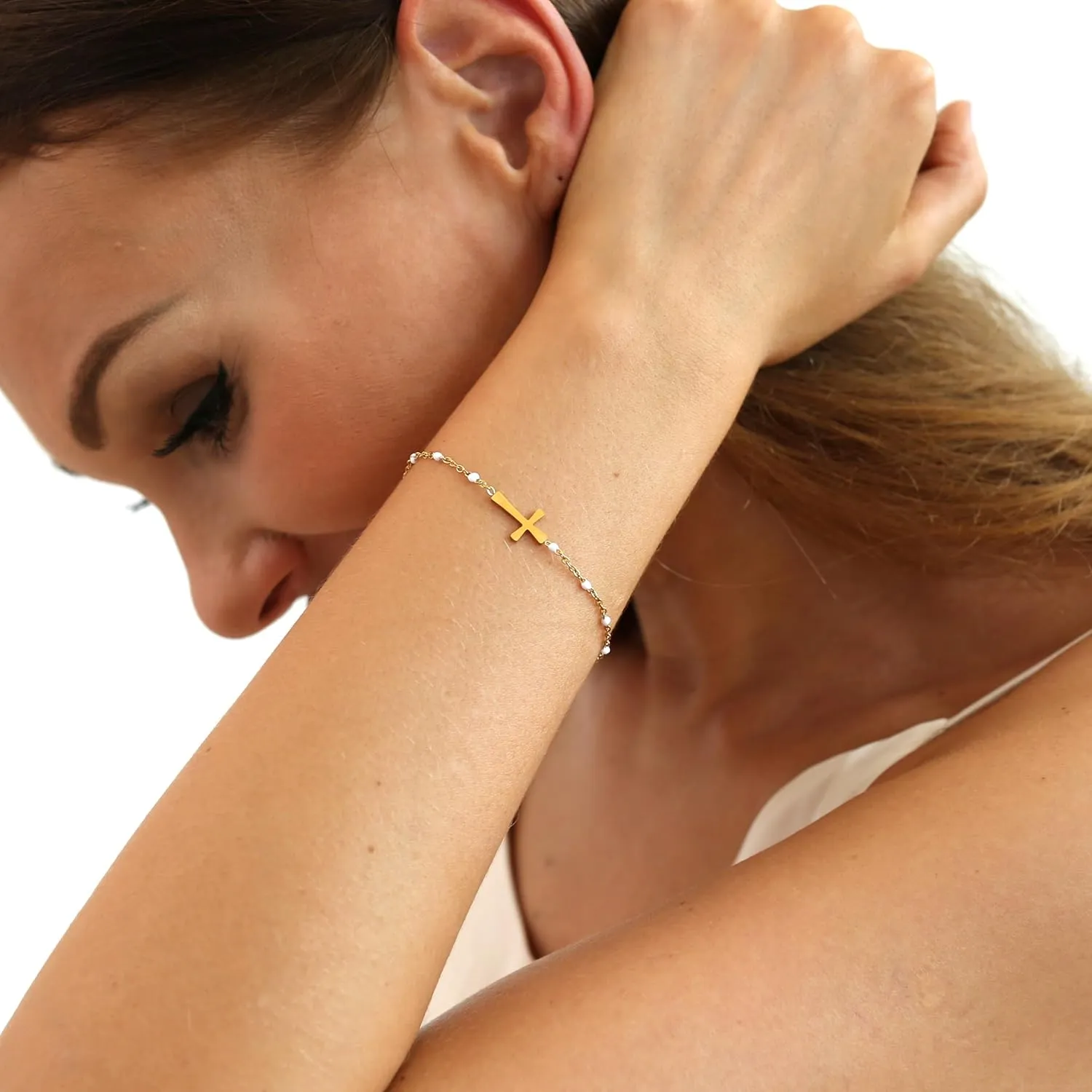 18K Gold Plated Cross Bracelet for Women Dainty Gold Bead Cross Bracelet Adjustable Simple Link Chain Bracelets Faith Confirmation Jewelry Gifts