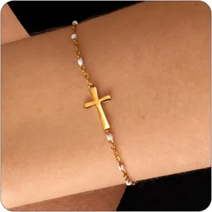 18K Gold Plated Cross Bracelet for Women Dainty Gold Bead Cross Bracelet Adjustable Simple Link Chain Bracelets Faith Confirmation Jewelry Gifts
