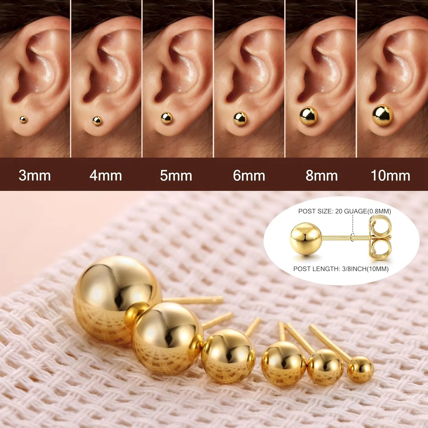 18K Gold Plated Earrings for Women S925 Sterling Silver Stud Earrings Ball Studs Post Earrings Gold Plated Stud Earrings Round Ball Studs for Men 3-10mm Cartilage Earrings Tragus Earrings Jewelry