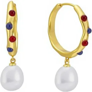 18K Gold Plated Hoop Earrings for Women, Natural Pearl Drop with Colorful Stones, 925 Sterling Silver Posts, Hypoallergenic Jewelry, 28MM