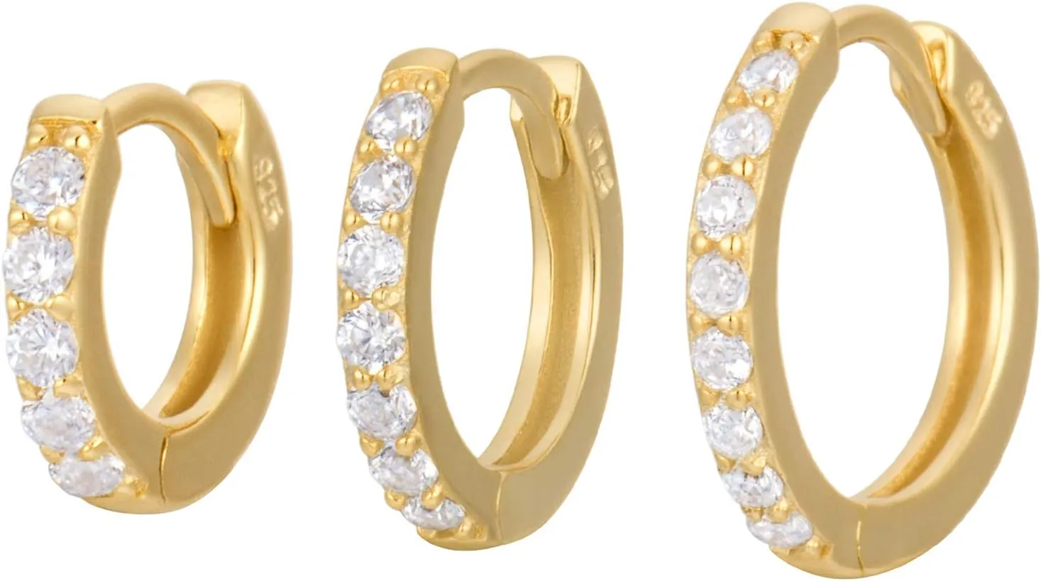 18K Gold Plated Sterling Silver Huggie Hoop Earrings for Women in Three Sizes| Cubic Zirconia Line Mini Hoops | Cuff Earrings Huggie