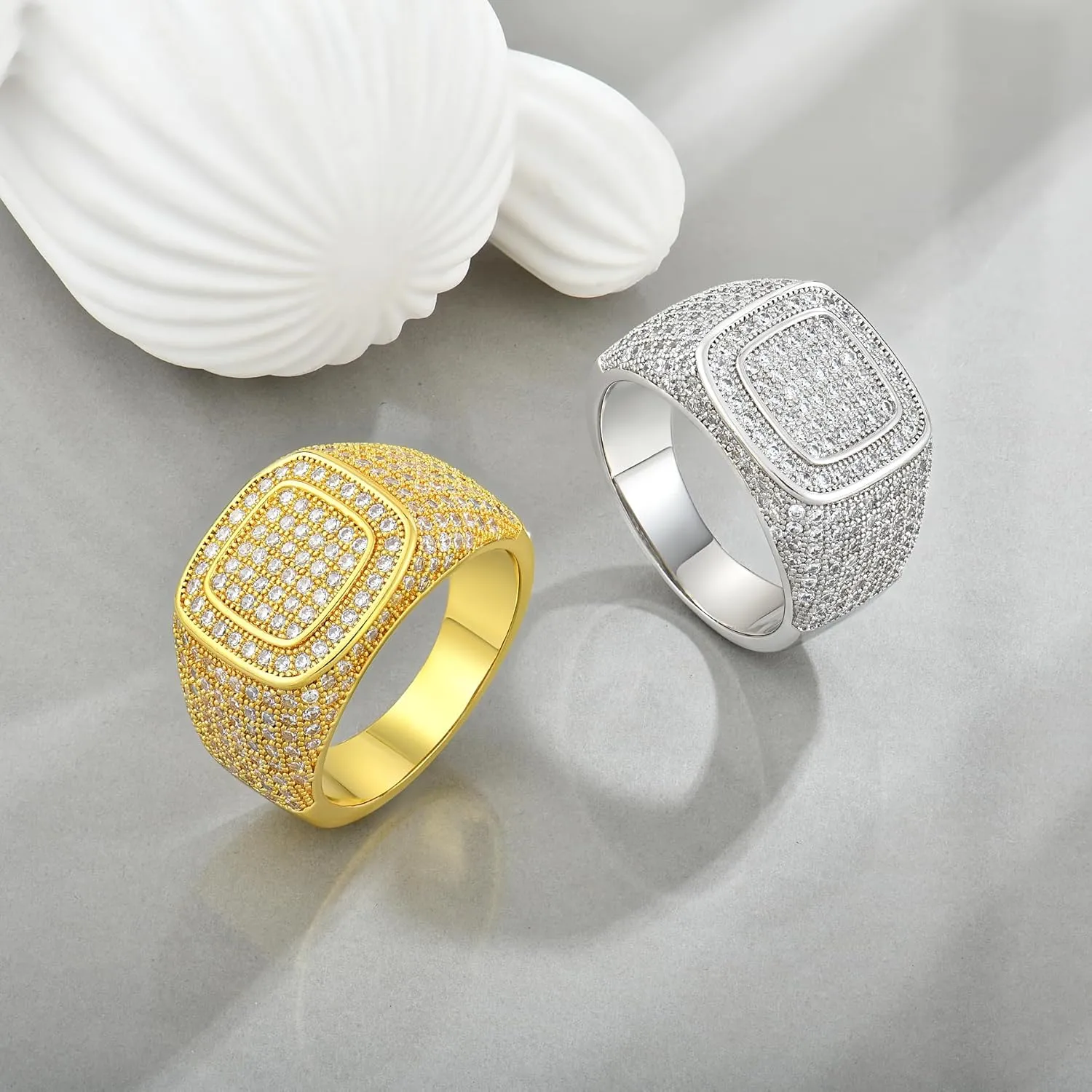 18K Gold Rings Cluster Diamond Band Micropave Mens Bling Ring Square Crystal Zircon Little Finger Ring for Men