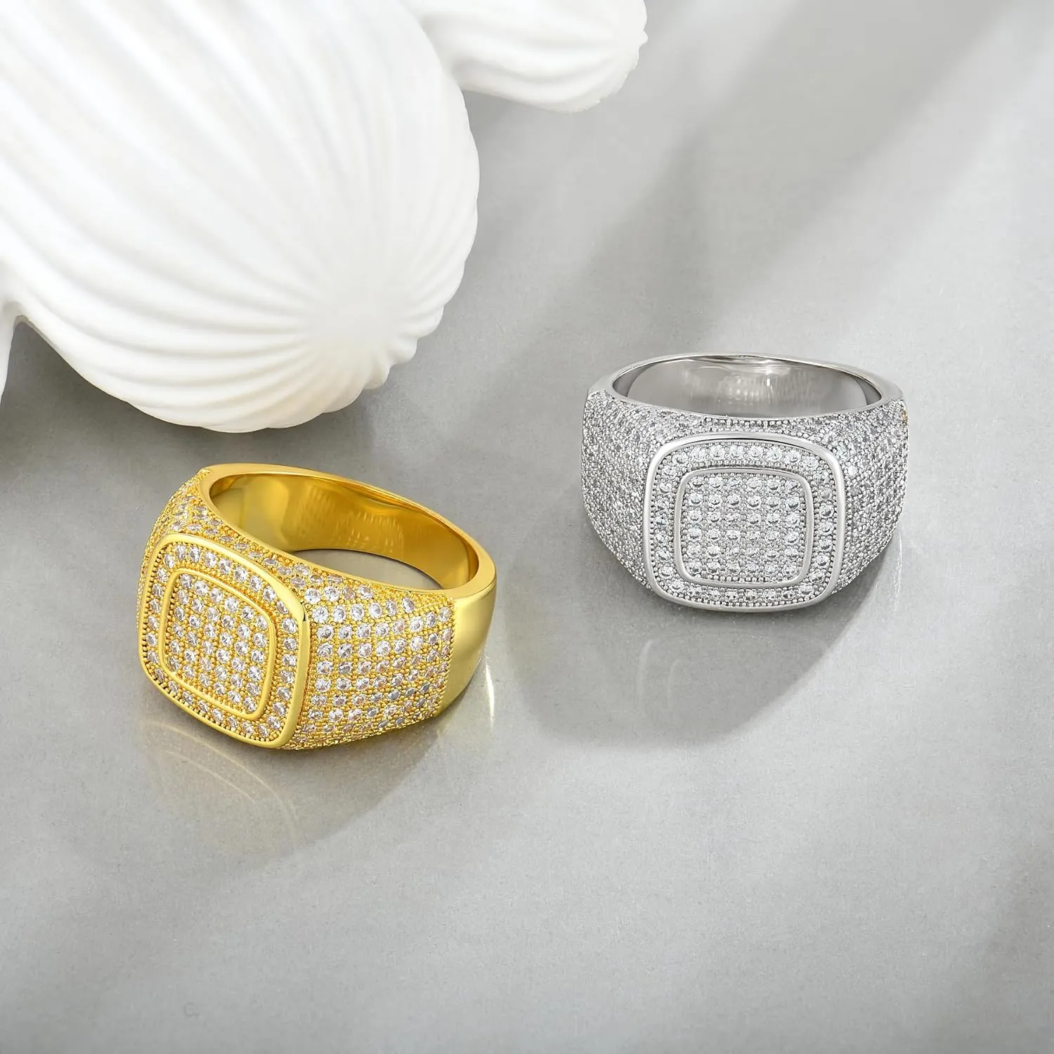 18K Gold Rings Cluster Diamond Band Micropave Mens Bling Ring Square Crystal Zircon Little Finger Ring for Men