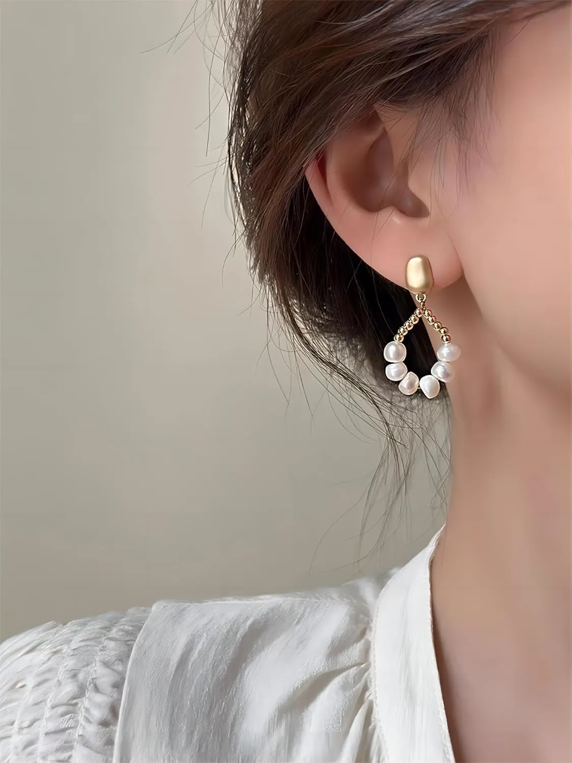 18K Plated Minimalist Pearl Hoop Earrings - Trendy Geometric Shaped Gold Pearl Earrings for Women, Fashion Jewelry