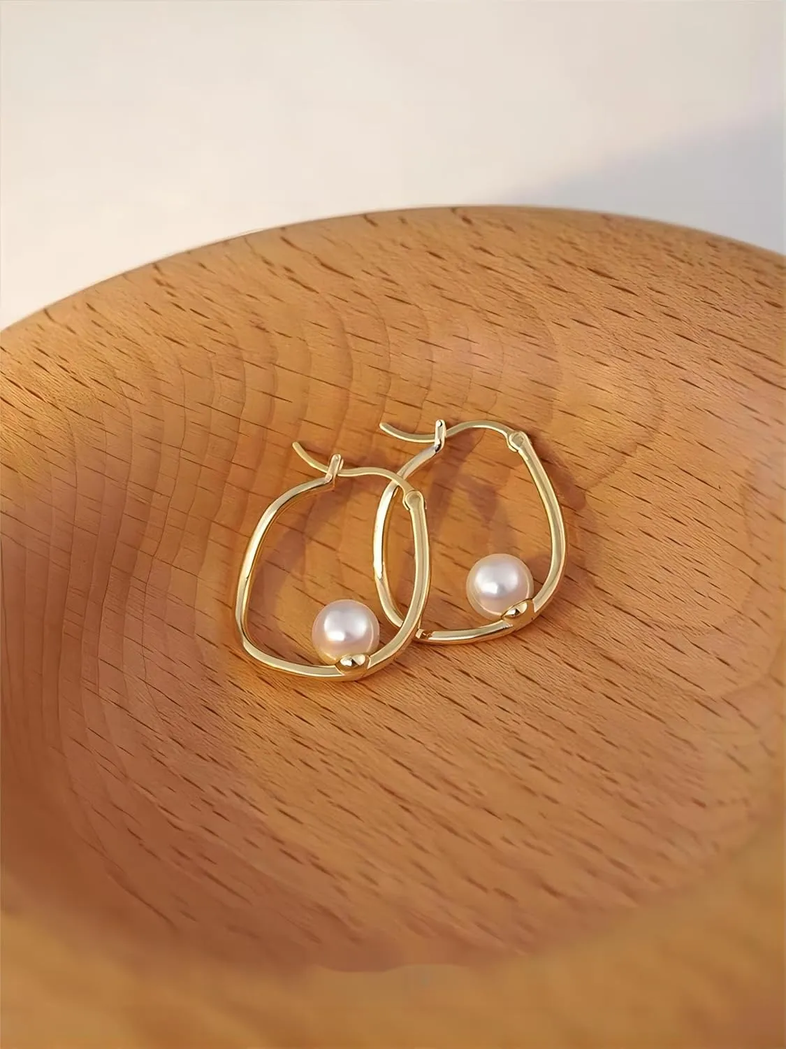 18K Plated Minimalist Pearl Hoop Earrings - Trendy Geometric Shaped Gold Pearl Earrings for Women, Fashion Jewelry