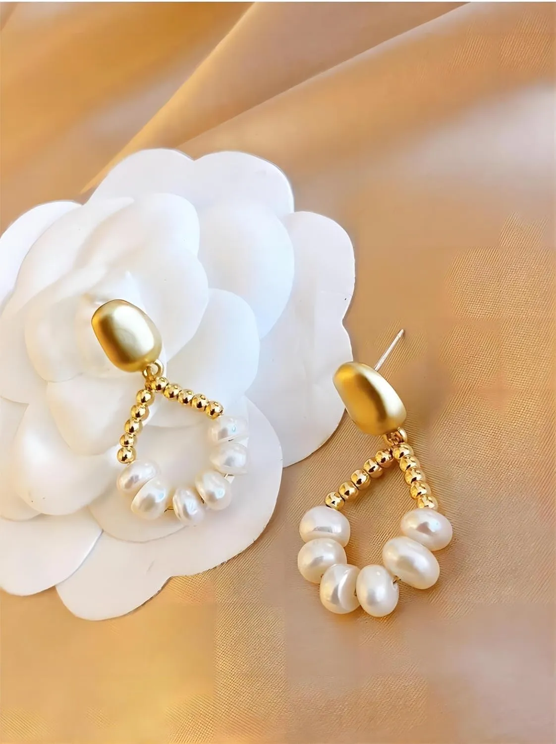 18K Plated Minimalist Pearl Hoop Earrings - Trendy Geometric Shaped Gold Pearl Earrings for Women, Fashion Jewelry