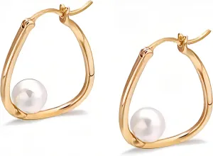 18K Plated Minimalist Pearl Hoop Earrings - Trendy Geometric Shaped Gold Pearl Earrings for Women, Fashion Jewelry