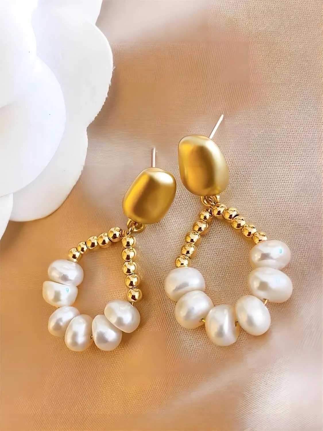 18K Plated Minimalist Pearl Hoop Earrings - Trendy Geometric Shaped Gold Pearl Earrings for Women, Fashion Jewelry