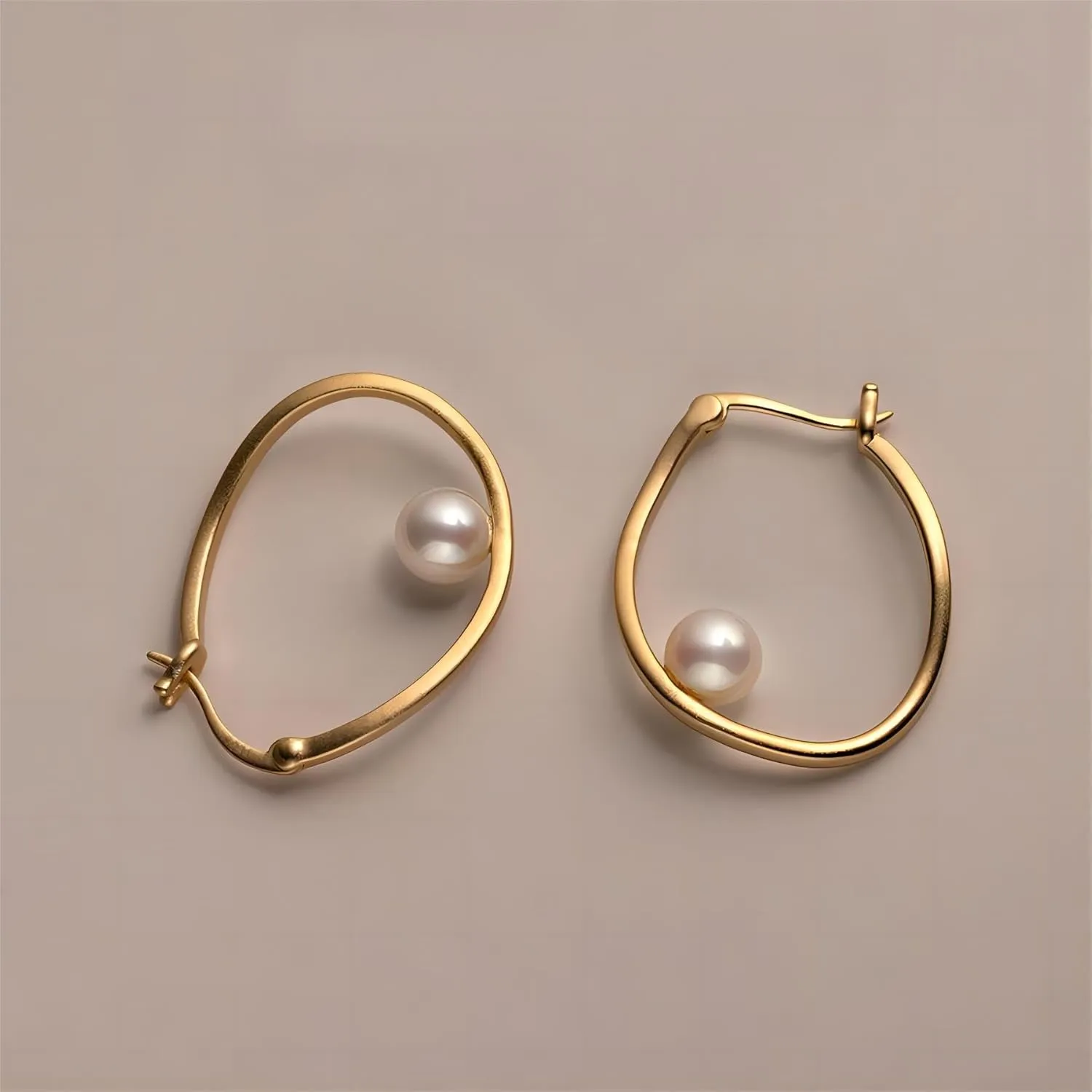 18K Plated Minimalist Pearl Hoop Earrings - Trendy Geometric Shaped Gold Pearl Earrings for Women, Fashion Jewelry