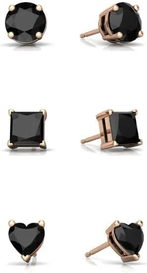 18K Rose Gold Created 3 Pair Round & Square & Heart Stud Earrings | 6mm Black Moissanite Plated Earrings | Gift for Women