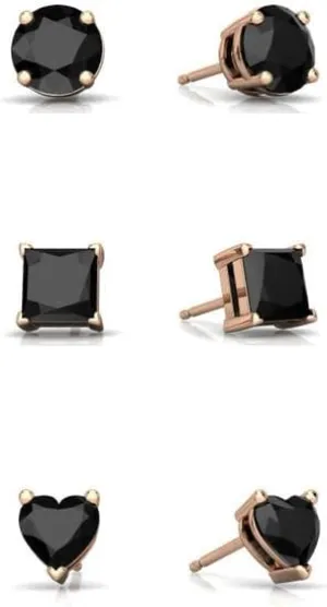 18K Rose Gold Created 3 Pair Round & Square & Heart Stud Earrings | 6mm Black Moissanite Plated Earrings | Gift for Women