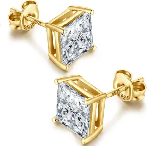 18K White Gold Plated 925 Sterling Silver Princess Cut Cubic Zirconia Stud Earrings Square Simulated Diamond CZ Stud Earrings for Women Men Hypoallergenic 4MM-8MM