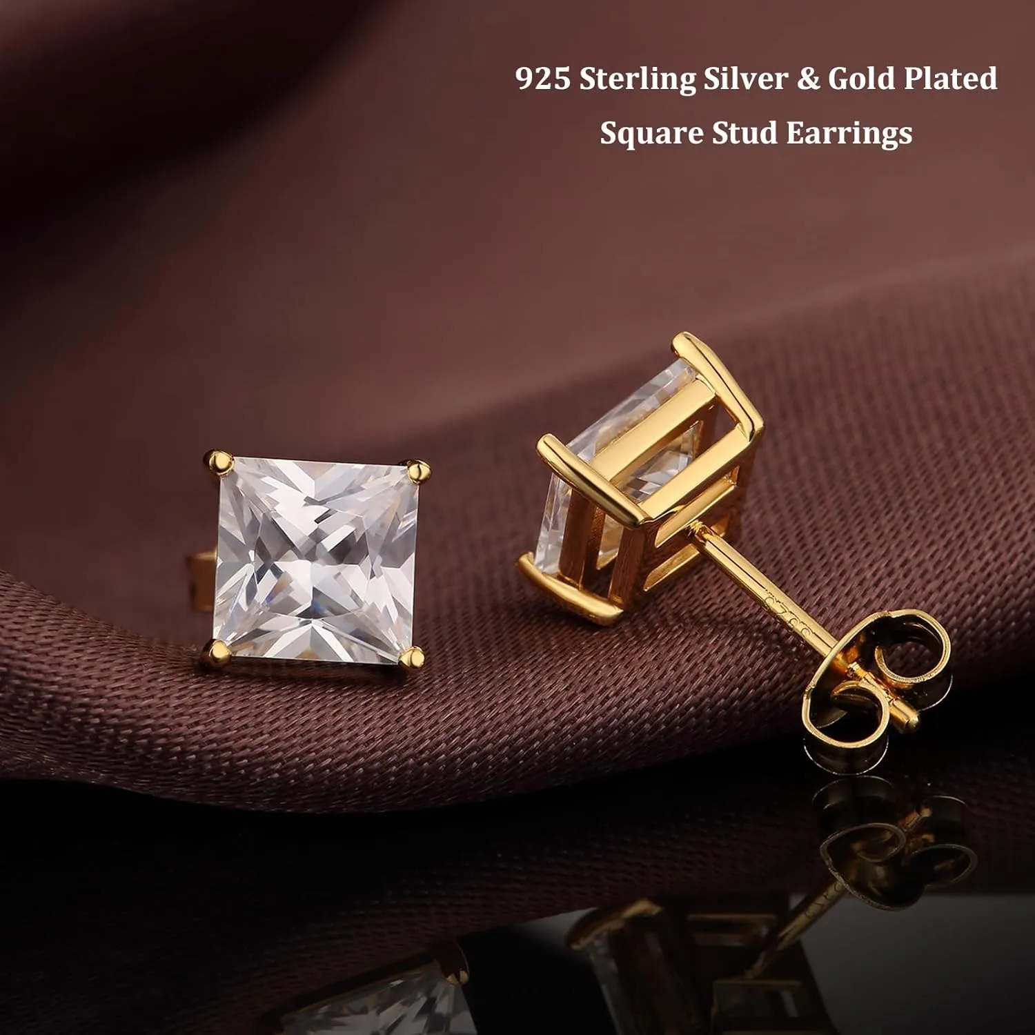 18K White Gold Plated 925 Sterling Silver Princess Cut Cubic Zirconia Stud Earrings Square Simulated Diamond CZ Stud Earrings for Women Men Hypoallergenic 4MM-8MM
