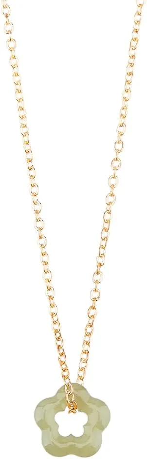 1pc Natural Jade Gemstone Necklace Dainty Green Jade Floral Pendant Star Donut Flower Jade Necklace with Adjustable 50cm Golden Iron Chain for Women Ladies