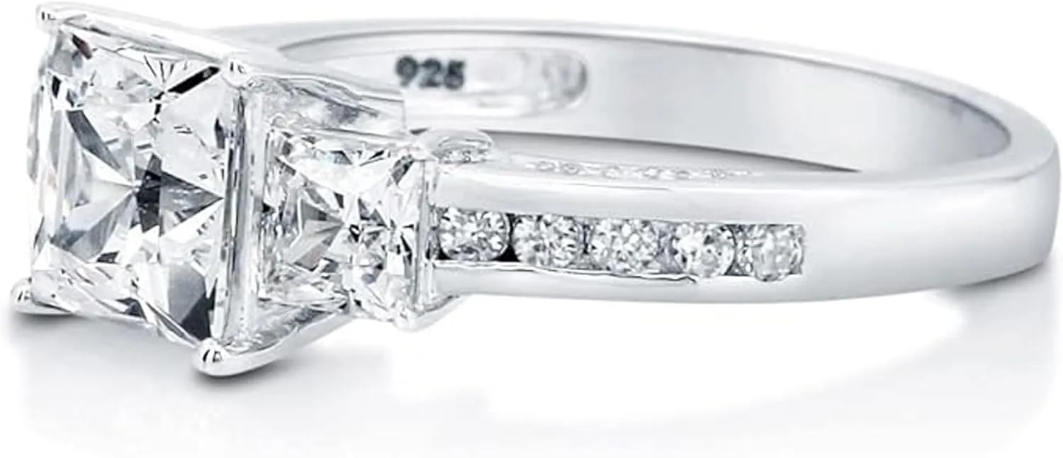 2 3/5 Carat (ctw) 3-Stone Princess Cut Moissanite engagement Rings for women Platinum Plated Silver moissanite rings (Available in size 4.5-11)