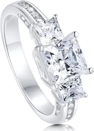 2 3/5 Carat (ctw) 3-Stone Princess Cut Moissanite engagement Rings for women Platinum Plated Silver moissanite rings (Available in size 4.5-11)
