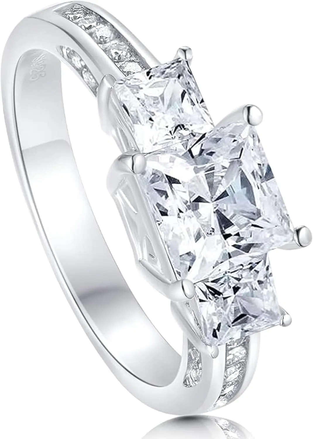 2 3/5 Carat (ctw) 3-Stone Princess Cut Moissanite engagement Rings for women Platinum Plated Silver moissanite rings (Available in size 4.5-11)