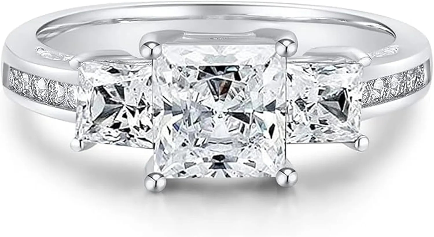 2 3/5 Carat (ctw) 3-Stone Princess Cut Moissanite engagement Rings for women Platinum Plated Silver moissanite rings (Available in size 4.5-11)