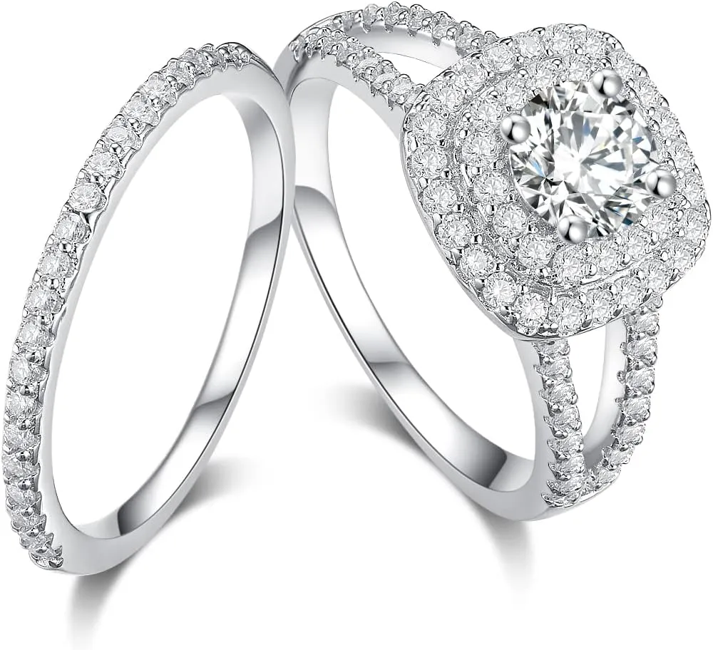 2 ct Cushion Halo Engagement Wedding Ring Set Platinum-Plated Sterling Silver Engagement Rings for Women Bridal Set 2 Piece Ring Sets Moissanite Anniversary Promise Rings for Her (Available in size 6, 7, 8, 9)