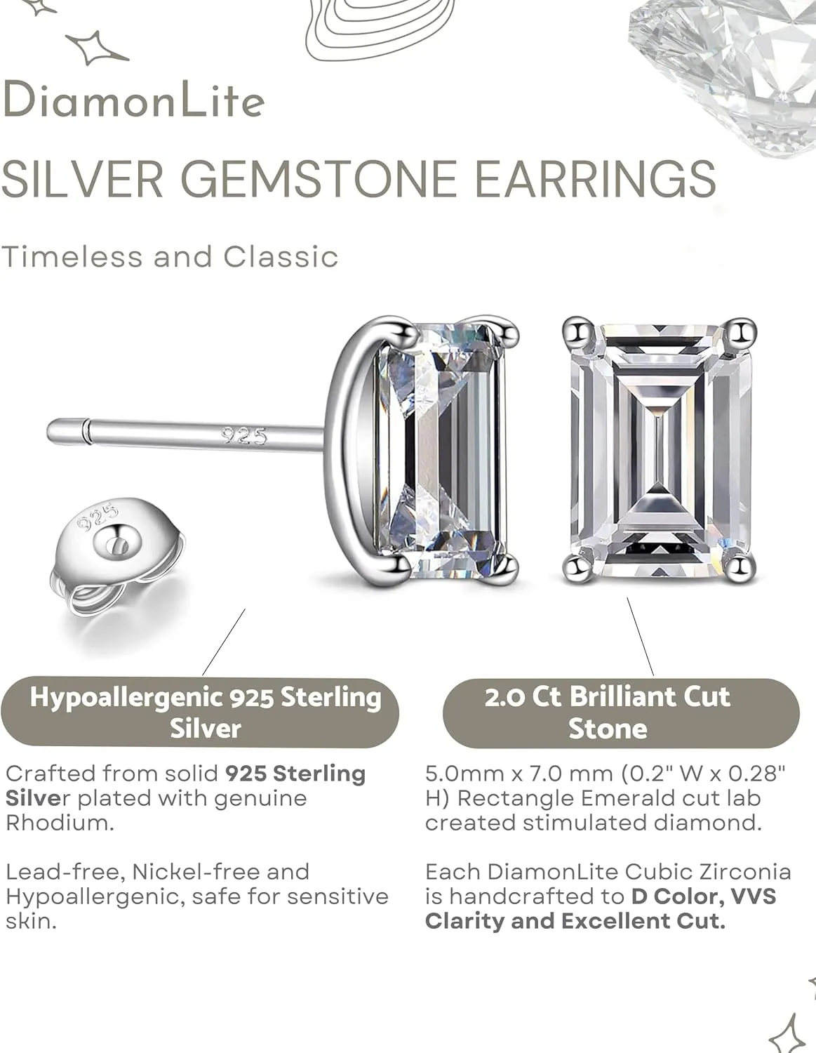 2 Ct CZ 925 Sterling Silver Studs Earrings for Women and Men - Cubic Zirconia Earrings Studs, 925 Silver Cubic Zirconia Earrings, Silver Studs Earrings for Women and Men
