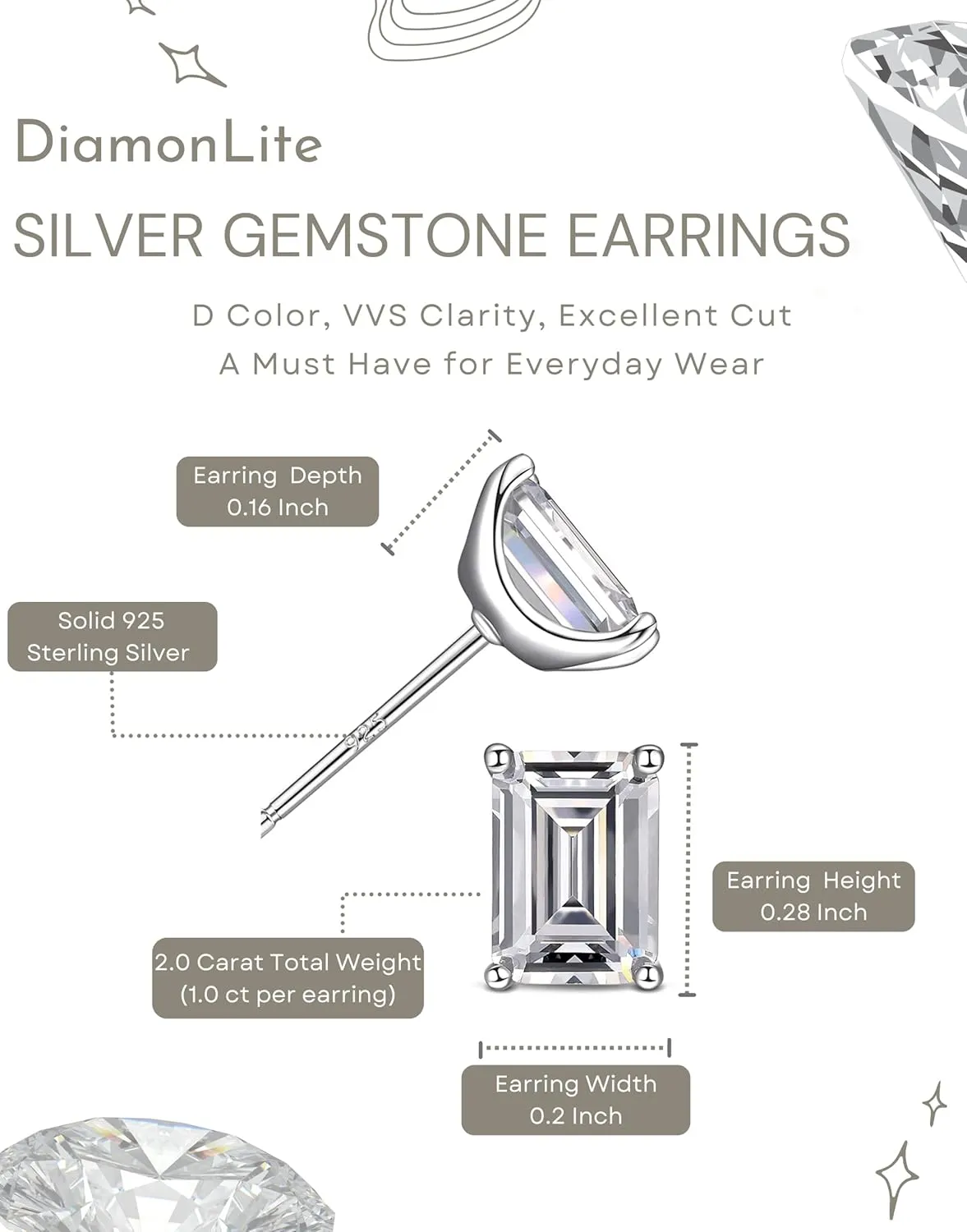 2 Ct CZ 925 Sterling Silver Studs Earrings for Women and Men - Cubic Zirconia Earrings Studs, 925 Silver Cubic Zirconia Earrings, Silver Studs Earrings for Women and Men