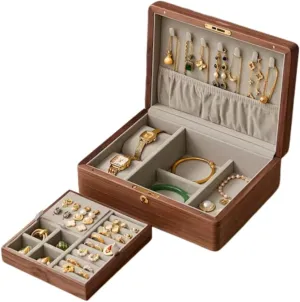 2 Layer Solid Black Walnut Wooden Jewelry Box for Women Wood Vintage Organizer for Men Earrings Rings Necklaces Bracelet Watch Storage Mother's Day Gift