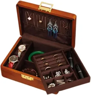 2 Layer Solid Wooden Jewelry Box with Lock and Key for Women Men Vintage Velvet Wood Jewelry Organizer Storage for Earrings Rings Necklaces Bracelet Watch Mothers Day Gift