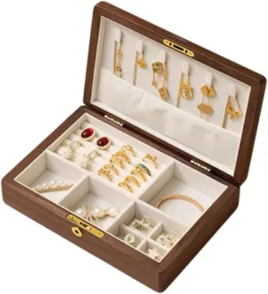 2 Layers Solid Black Walnut Wooden Jewelry Box for Women with Lock and Key Wood Vintage Organizer for Men Earrings Rings Necklaces Bracelet Storage Mother's Day Gift