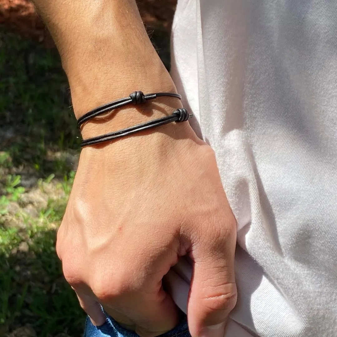 2 mm Men Genuine Leather Bracelet - Handmade Adjustable Cuff, Mens Minimalism Leather Wrap Wristband, Simple Accessories, Premium Leather, Women Gift To Boyfriend, Pulsera Hombre (Black)
